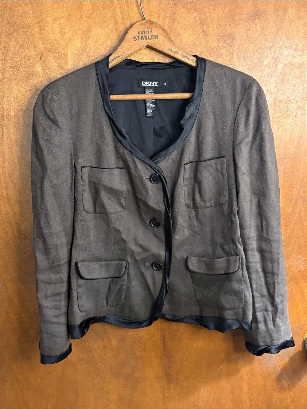 DKNY Vintage 90s Brown Linen Blazer Jacket Silk Trim Office Work Career 10 Boho